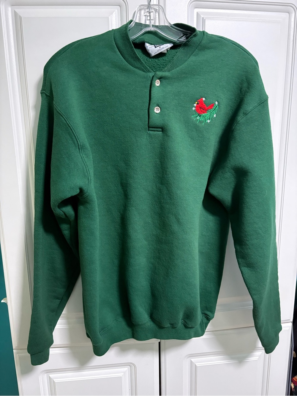 Vintage Lee Women's Forest Green Henley Sweatshirt with Red Cardinal Embroidery